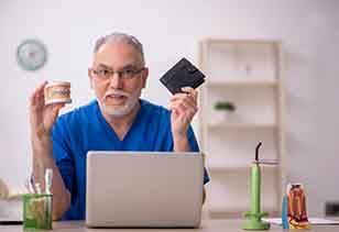 An old male dentist holding up a mock jaw and a wallet